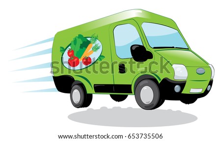 a vector cartoon representing a funny and fast green fresh food delivery van - fresh vegetables and fruit express delivery concept