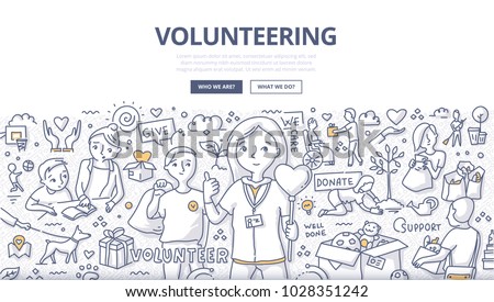 Doodle vector illustration of a volunteers, doing altruistic social activity. Volunteering concept for web banners, hero images, printed materials