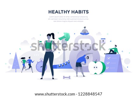 Healthy habits vector illustration. Exercising, running in the fresh air, healthy eating and drinking enough water, relaxation and effective daily routine Foto stock © 