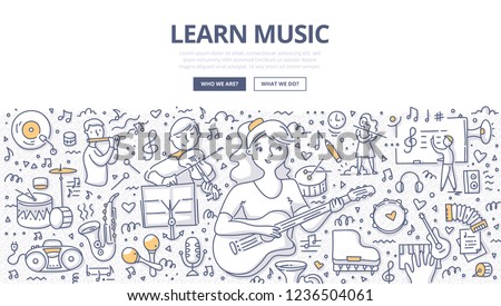 Teenager girl learn music by playing guitar. Children with various musical instruments on music lesson. Doodle concept of learning music for web banner, hero images and printing materials