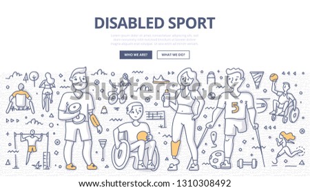 Group of satisfied athletes with physical disabilities from different sports. Concept of inclusive and disabled sports. Doodle illustration for web banners, hero images, printed materials