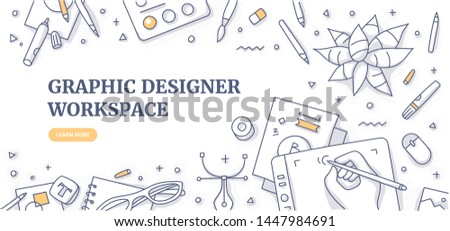 Creative designer desk with stationary objects pencils, markers and design symbols. Top view on graphic designer workspace. Flat lay. Doodle illustration for web banners or hero images