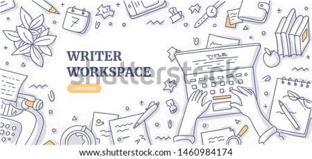 Writer editor journalist or copywriter workspace. Hands of man who types text on laptop. Creative desktop top view. Typewriter, papers, diary, coffee mug, crumpled paper. Flat lay doodle illustration