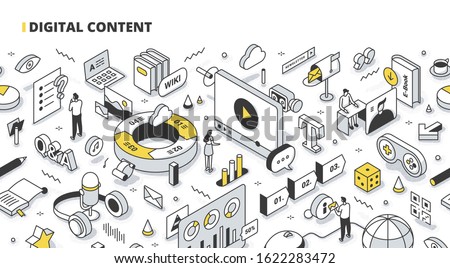 People create and promote visual and interactive digital content to engage audiences, reach new markets & provide value to customers. Content marketing technology. Isometric outline illustration