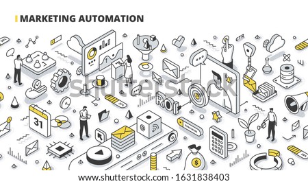 Marketing automation specialists monitor and measure the efficiency of the system. Executing marketing tasks. Tailoring messaging to customers based on their profile. Isometric outline illustration