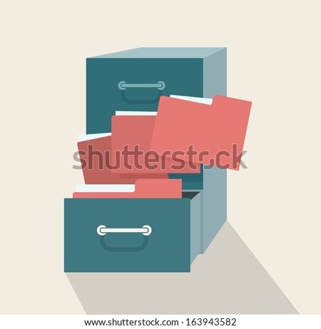 Metal filling cabinet with red folders. Illustrated concept of database organizing and maintaining. 