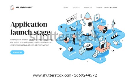 Concept of launching a new application. Application and deployment. Trendy isometric outline spot illustration for landing page, web or printed materials