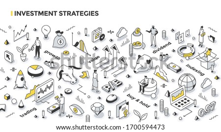 Investing strategies, styles & tactics concept. Growth & value investing, active trading, long term investment, buying market index.  Financial outline isometric illustration