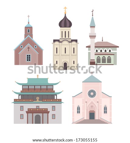 Set of illustrations showing different styles of architecture for classical church buildings of various religions