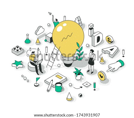 Concept of generating a great idea. The big light bulb as idea symbol. Innovations & creativity process. Brainstorming fresh ideas for a new project. Business startup isometric illustrations