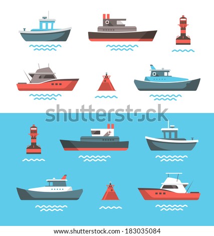 Set of little boats and buoys with blue sea background and isolated on white. Side view illustration.