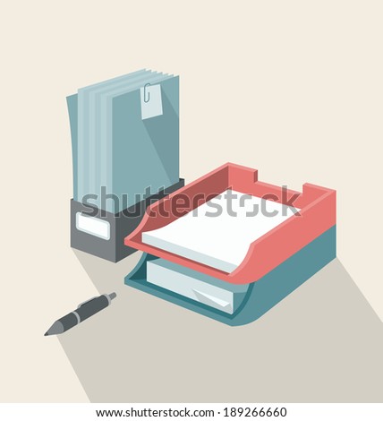 Vertical and horizontal trays for papers placed together on a desktop. All objects are separated and grouped in different layers.