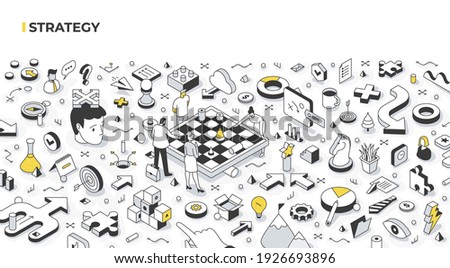 The concept of strategy and decision-making. The team develops the company's strategy by standing around the chessboard. Building strategies and strategic thinking. Abstract isometric illustration