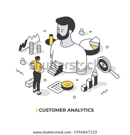 Analyzing customer data to better understand target audience and predict it behavior. Creating customer male profile. Marketing concept. Abstract isometric illustration