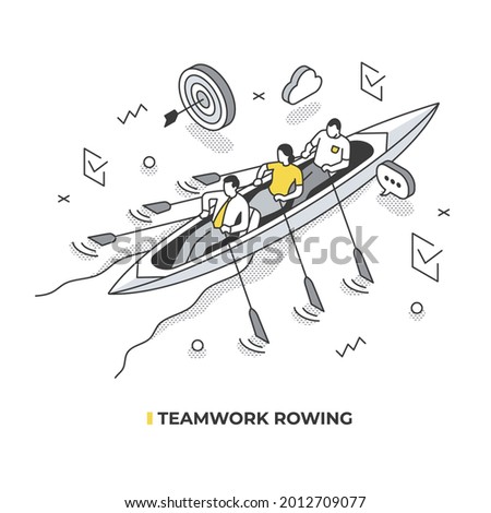 A team of business people, rowing in the boat, move towards their goal. Teamwork isometric concept