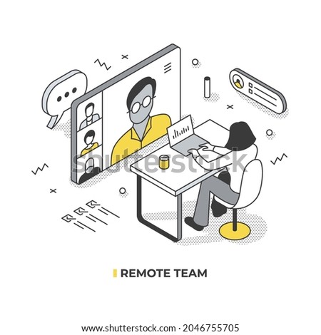 Remote team meeting concept. Woman works on a laptop and communicates in video call with her business team. Vector isometric illustration