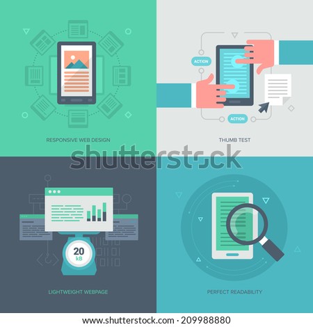 Collection of concept icons in flat design style of how to optimize website for mobile. The collection includes: responsive web design, clear code, diagnostic test and perfect readability