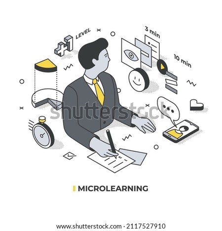 Concept of micro learning education. Employee learning new knowledge in small bits at a time. Isometric illustration