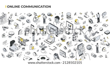 Online communication concept. People use various methods to communicate such as: text messaging, email, video call. They connect, receive information via the internet. Isometric illustration