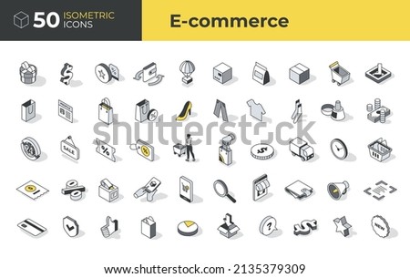 Collection of e-commerce isometric icons in outline style. Icons and shadows are separated