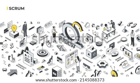 SCRUM process concept. Team developing product in complex environment in series of sprints. Agile software development. Isometric illustration