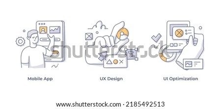 User interface and app development. UX design, mobile app development, UI optimization. Set of doodle vector illustrations to visualize business ideas and concepts