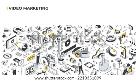 Video marketing concept. Creating and distributing video content online to promote products and services, engage and educate audience. Digital marketing technology. Isometric illustration