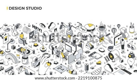 Design studio or agency concept. Creative team of designers at work. Creative office environment, project visualizations, website and graphic design. Isometric illustration