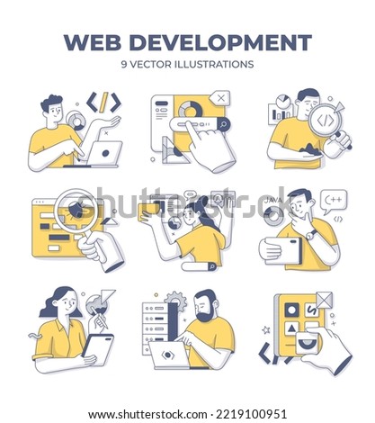 Web development. Scenes of researching, web design, testing, coding, backend and frontend development.  Doodle vector illustrations with characters to visualize concepts