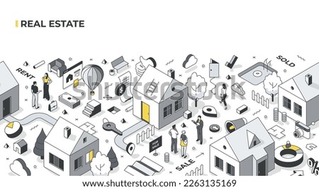 Real estate market concept. People choose houses, get a price, make a purchase. Buying, renting and investing in suburban housing. Isometric linear illustration