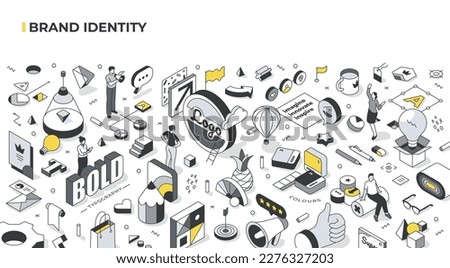 Brand identity concept. The isometric illustration depicts the key elements of a strong brand identity, including the company's logo, tagline, colors, typography, and messaging elements. Linear style