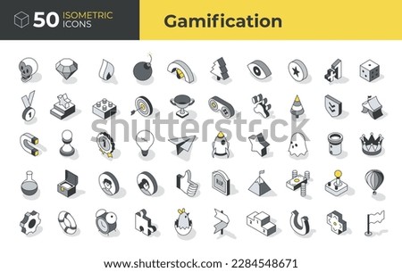 Set of isometric icons on gamification and game design in linear style. Featuring everything from controllers and dice to avatars and power-ups. Perfect to enhance educational or marketing projects