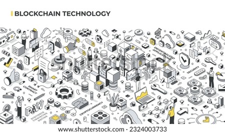 Blockchain technology, featuring smart contracts, cryptocurrency, decentralized applications, and security elements such as cryptography and distributed consensus. Isometric linear illustration