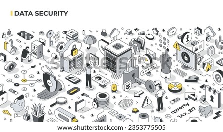 Securing data with advanced tech to prevent, detect fraud. Shielding personal info online. Ensuring data protection in the digital realm. Isometric illustration in linear style