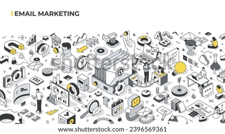 Email marketing concept. Production line with emails moving along conveyor belt. Delivering message to targeted people that includes design, content writing, scheduling and sending. Isometric illustra