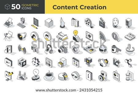 Content creation. Set of isometric icons. Symbols of generating ideas, producing and distributing various forms of media content with focus on writing, blogging, photography, learning, marketing