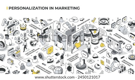 Personalization in marketing isometric illustration. Delivering tailored experiences to customer. Includes concepts: customized content, behavioral targeting, segmentation, customer analysis and more