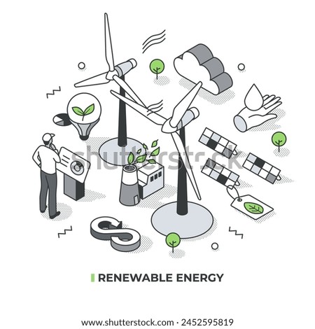 Renewable energy isometric illustration. Depicts technologies that harness energy sources like solar, wind, hydroelectric to reduce dependence of fossil fuel. Green technology concept