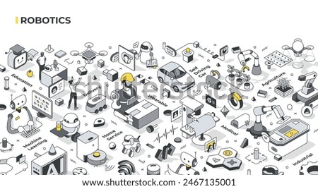 Modern society robotics isometric illustration that highlights different aspects of robotics: industrial, medical, service, agricultural, educational, machine learning, delivery, and wearable robotics