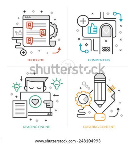 Set of modern linear icons of blogging, creating and publishing content, commenting and interacting with readers online, generating leads. Flat design vector concepts isolated on white background