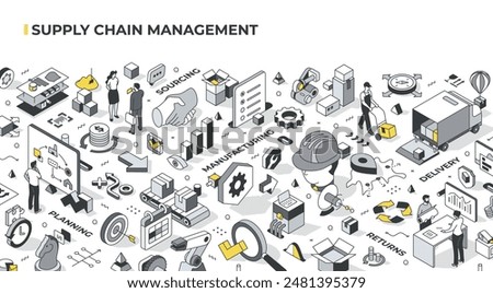 Isometric illustrations of the supply chain management process, showing the stages of SCM such as planning, sourcing, manufacturing, delivery, returns, and the flow of goods and services