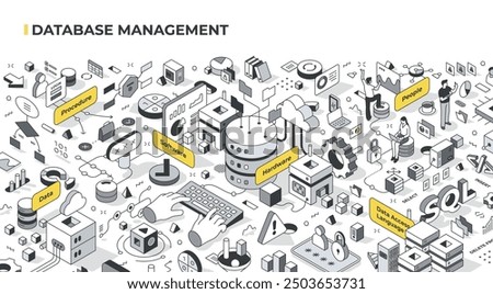 Database management components. Elements and tools for effective database management include data, procedures, hardware, software, people, and data access languages. Isometric illustration