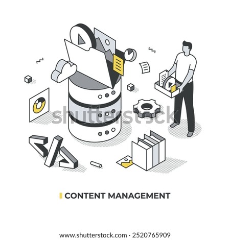 Isometric illustration of content management. A central server with a large folder on top, data streams flowing from box held by man, surrounded by tech icons, showcasing automation and organization