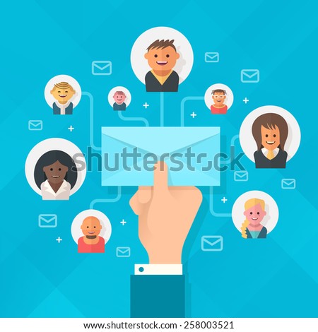 Concept of running email campaign, building audience, email advertising, direct digital marketing Human hand holding an envelope spreading information thought email distributing channel to  customers