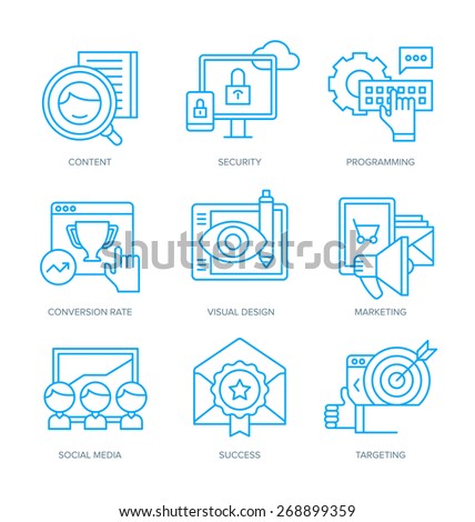 Modern line icons of digital marketing, building brand, business strategy, conversion rate, social media, digital technology. Linear icons to outline creative agencies, startups, mobile apps features