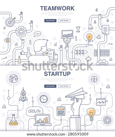 Teamwork and startup. Doodle design style concept of building new business, SEO, teamwork and management, company processes. Modern concepts for web banners and printed materials