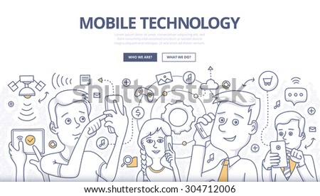 People share digital information with mobile devices. Doodle design style concept of mobile technology, wireless communication Linear style illustration for web banners, hero images, printed materials