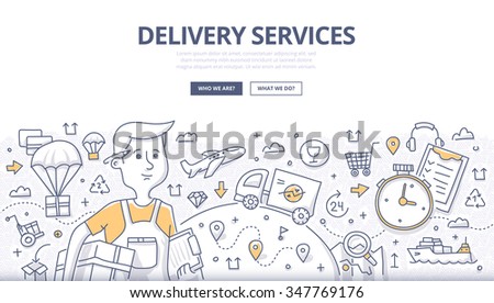 Doodle concept of delivery services, shipping goods by different transport. Modern line style illustration for web banners, hero images, printed materials