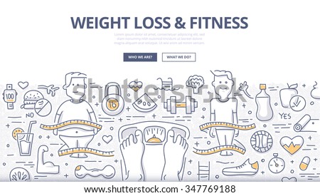 Doodle design style concept of healthy lifestyle, controlling body mass weight, dieting and fitness. Modern line style illustration for web banners, hero images, printed materials
