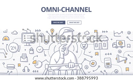 Doodle vector illustration of variety of channels in a customer's shopping experience. Concept of multichannel approach to sales for web banners, hero images, printed materials
